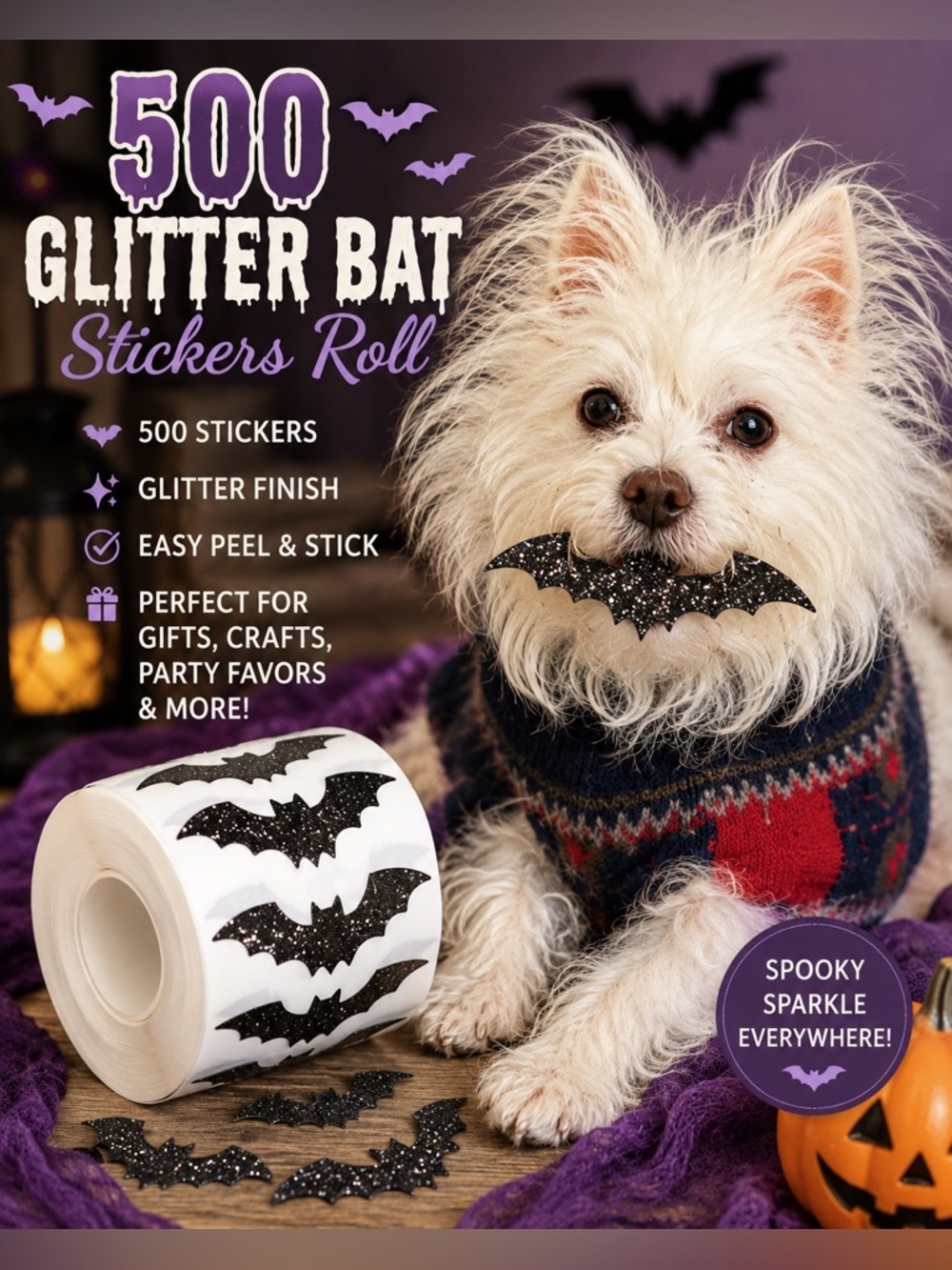 🦇 500 Glitter Bat Stickers Roll | Halloween Seals | Party Favor & Gift Wrap